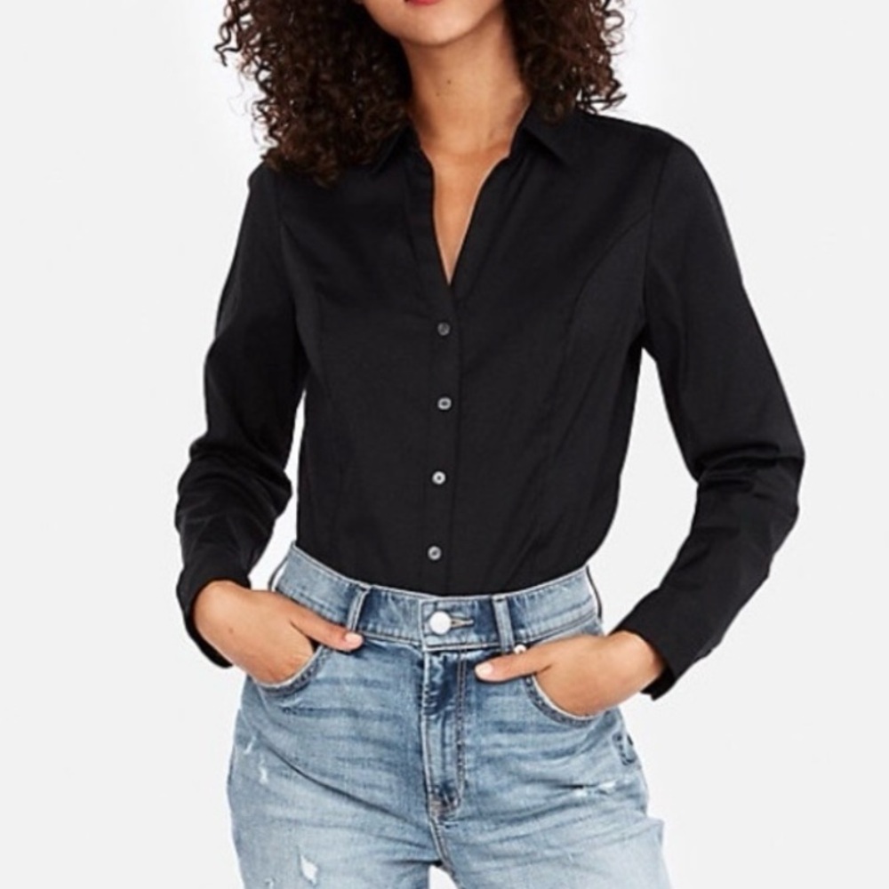 Express Women Ultimate Essential Shirt Original Fit Black Medium Petite